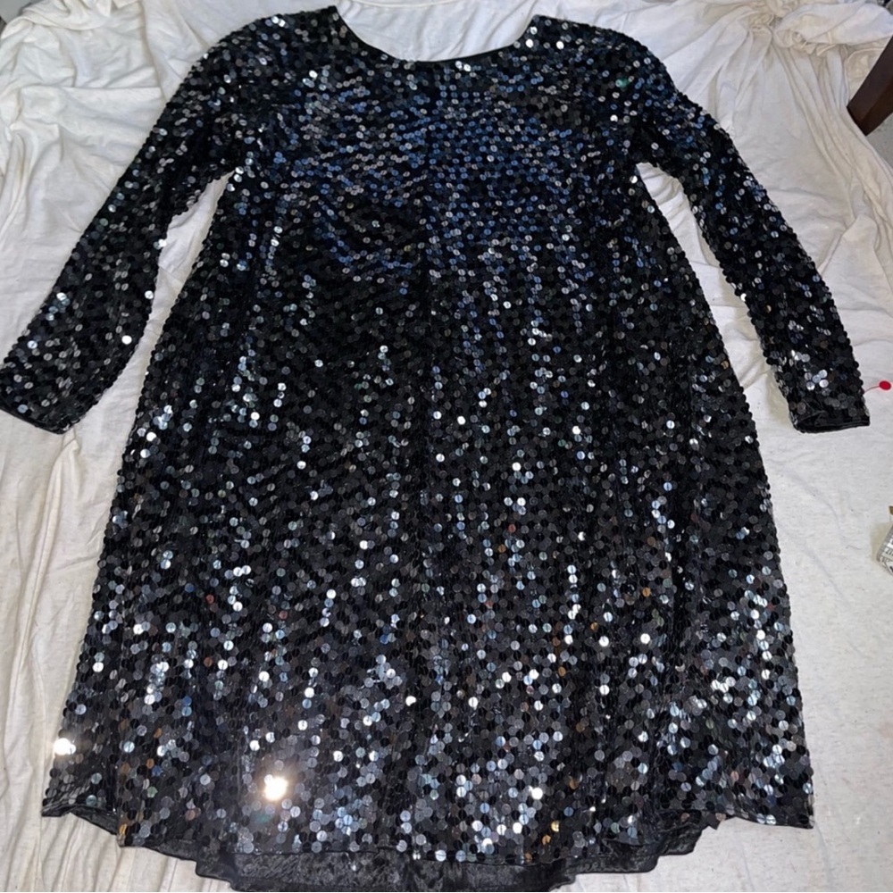 Vintage 70s Lilie Rubin black sequins long sleeve flowy flared dress s14